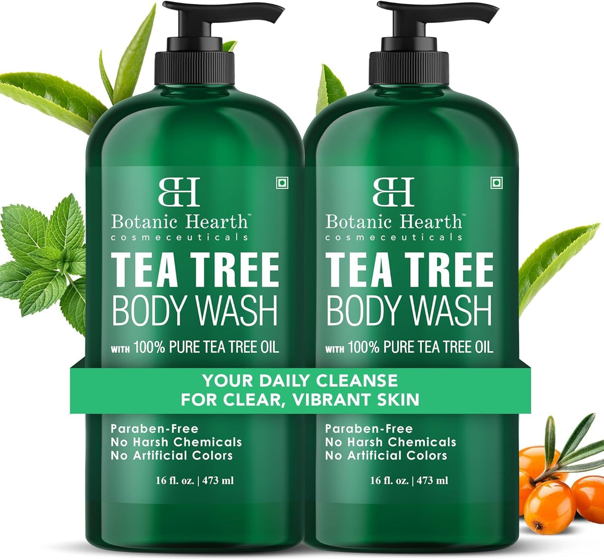Botanic Hearth Tea Tree Body Wash 16 fl oz (2 Pack) Natural Antifungal & Odor Control Shower Gel for Acne, Athlete? Foot, Ringworm, Jock Itch, Healthy Skin, Sulfate & Paraben Free, for Men & Women