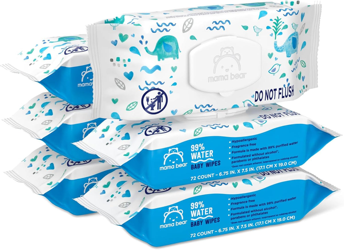 Amazon Brand - Mama Bear 99% Water Baby Wipes, Hypoallergenic, Fragrance Free,72 Count (Pack of 6)