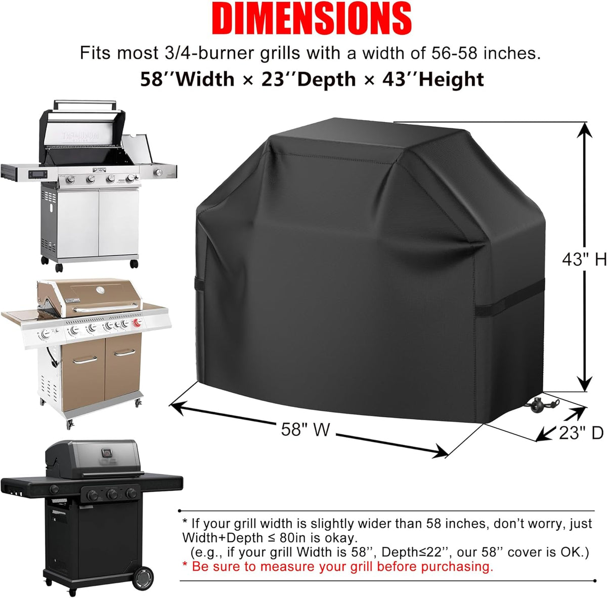 Grill Cover, 58 inch BBQ Gas Grill Cover for Outdoor Grill, Waterproof, Anti-UV, Rip-Proof, Fade Resistant Material, Barbecue Cover with Hook-and-Loop Straps & Adjustable Hem Drawstring, Black