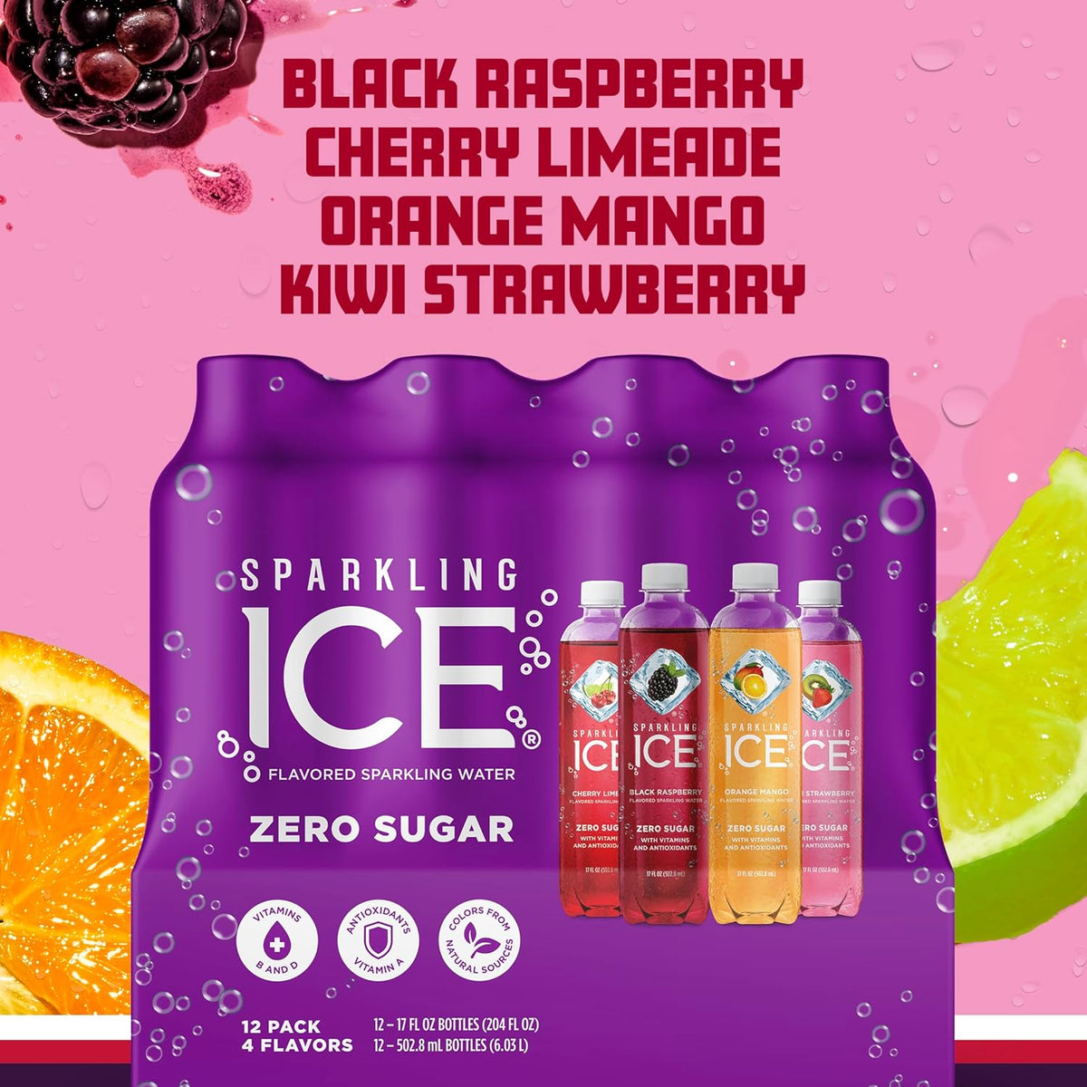 Sparkling Ice Purple Variety Pack, Flavored Water, Zero Sugar, with Vitamins and Antioxidants, 17 fl oz, 12 count (Black Raspberry, Cherry Limeade, Orange Mango, Kiwi Strawberry)