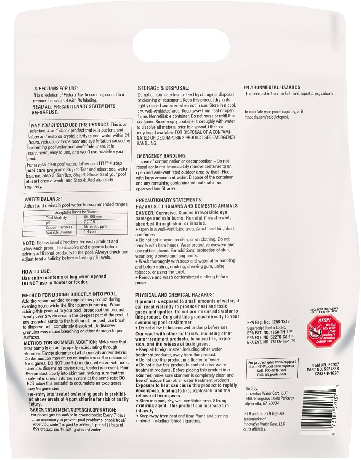 HTH 52037R Pool Care Shock Advanced, Swimming Pool Chemical - Cal Hypo Formula, Prevents Bacteria & Algae, Restores Crystal Clear Water - Shock Treatment, 1lb (12 Pack)
