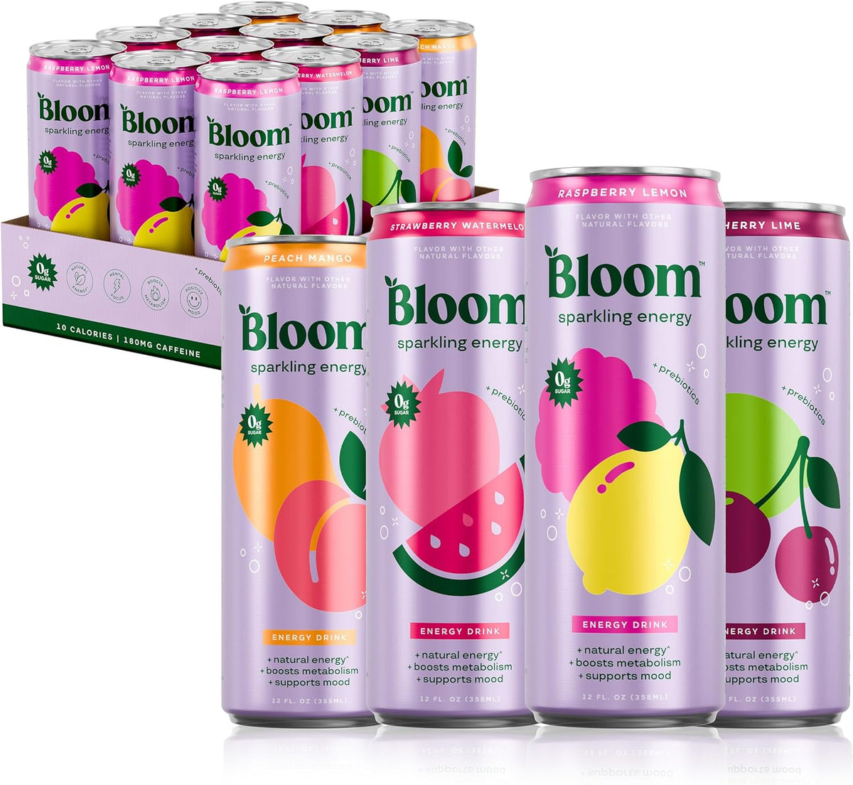 Bloom Nutrition Sparkling Energy Drink - Variety Pack - Natural Caffeine, Zero Sugar, 180mg Caffeine - Antioxidant-Rich with Green Coffee Bean, Green Tea Extract, Prebiotics - 12oz 12 Pack
