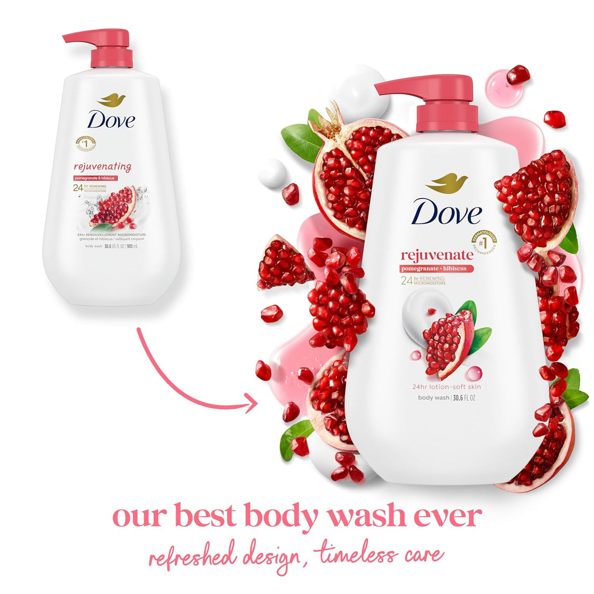 Dove Body Wash with Pump Rejuvenate Pomegranate & Hibiscus for 24hr Lotion-Soft Skin Moisturizing Skin Cleanser with No Sulfates No Parabens 30.6 Oz