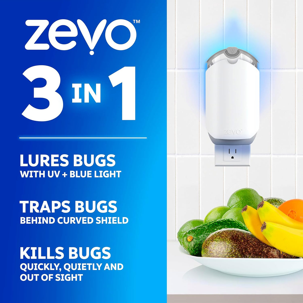 Zevo Flying Insect Trap & 3 Refill Cartridges - Plug in Fly Trap & Indoor Bug Catcher for Gnats, House & Fruit Flies - Blue & UV Light Technology, Mess-Free Alternative to Bug Zapper
