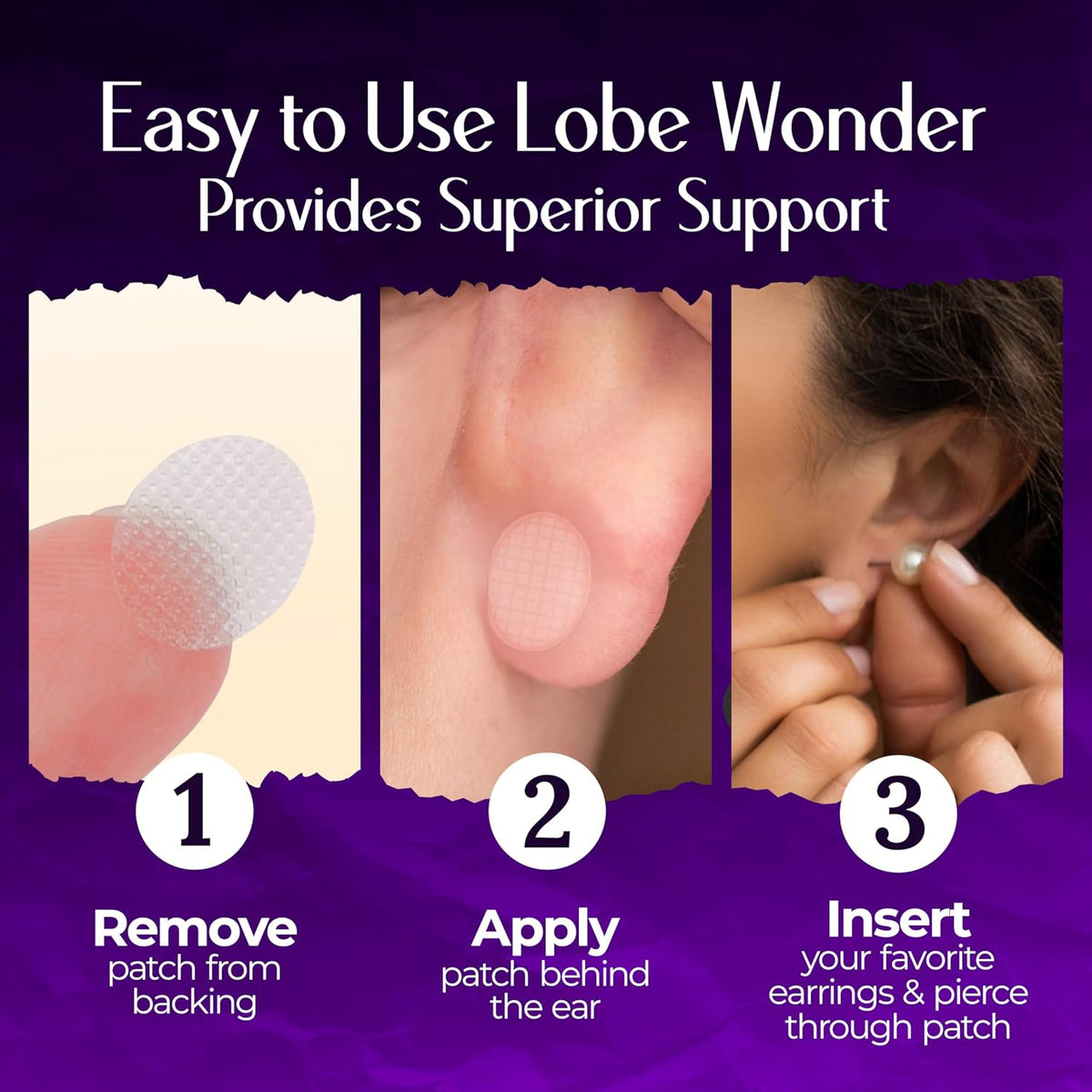 Lobe Wonder - The ORIGINAL Ear Lobe Support Patch for Pierced Ears - Eliminates the Look of Torn or Stretched Piercings - Protects Healthy Ear Lobes from Tearing - 60 Patches - Clear & Latex-Free