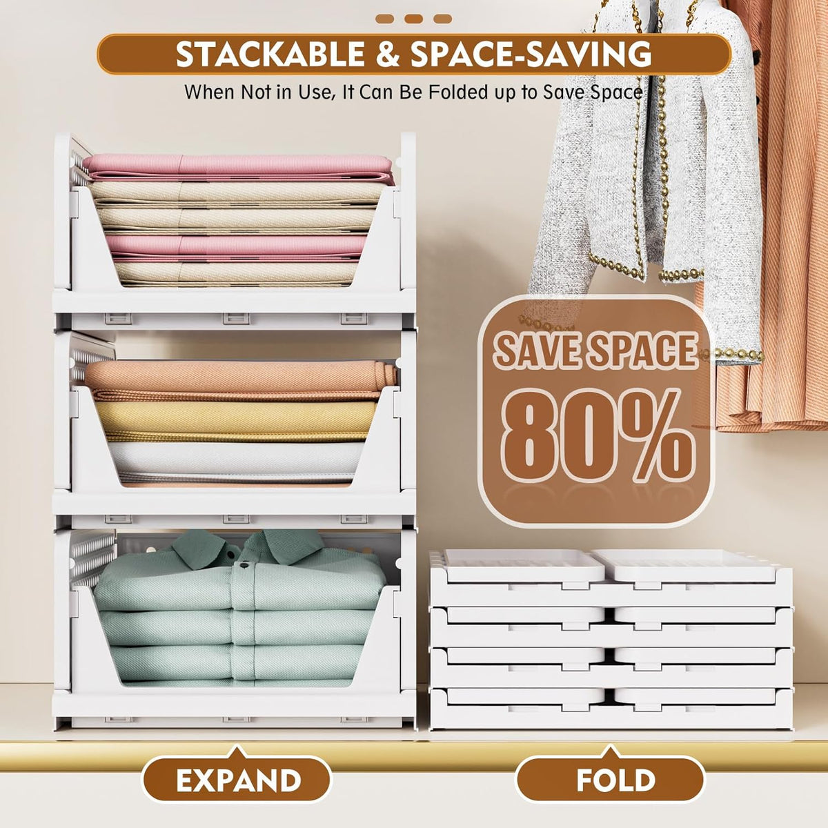 SNSLXH 5 Pack Stackable Closet Storage Basket, Multifunctional & Foldable Closet Organizer for Bathroom Kitchen Laundry Room Wardrobe Storage, Space-Saving Clothes Storage Drawer Organizer, White