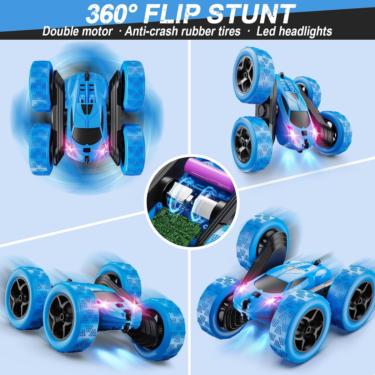 QUNREDA Remote Control Car, RC Cars Toys for Kids Ages 6-12, 4WD Stunt Car with LED Lights & 360?Flips, 2.4GHz, Upgraded USB-C Modular Batteries, 8-10 Year Old Boys Birthday Gift 1-Blue