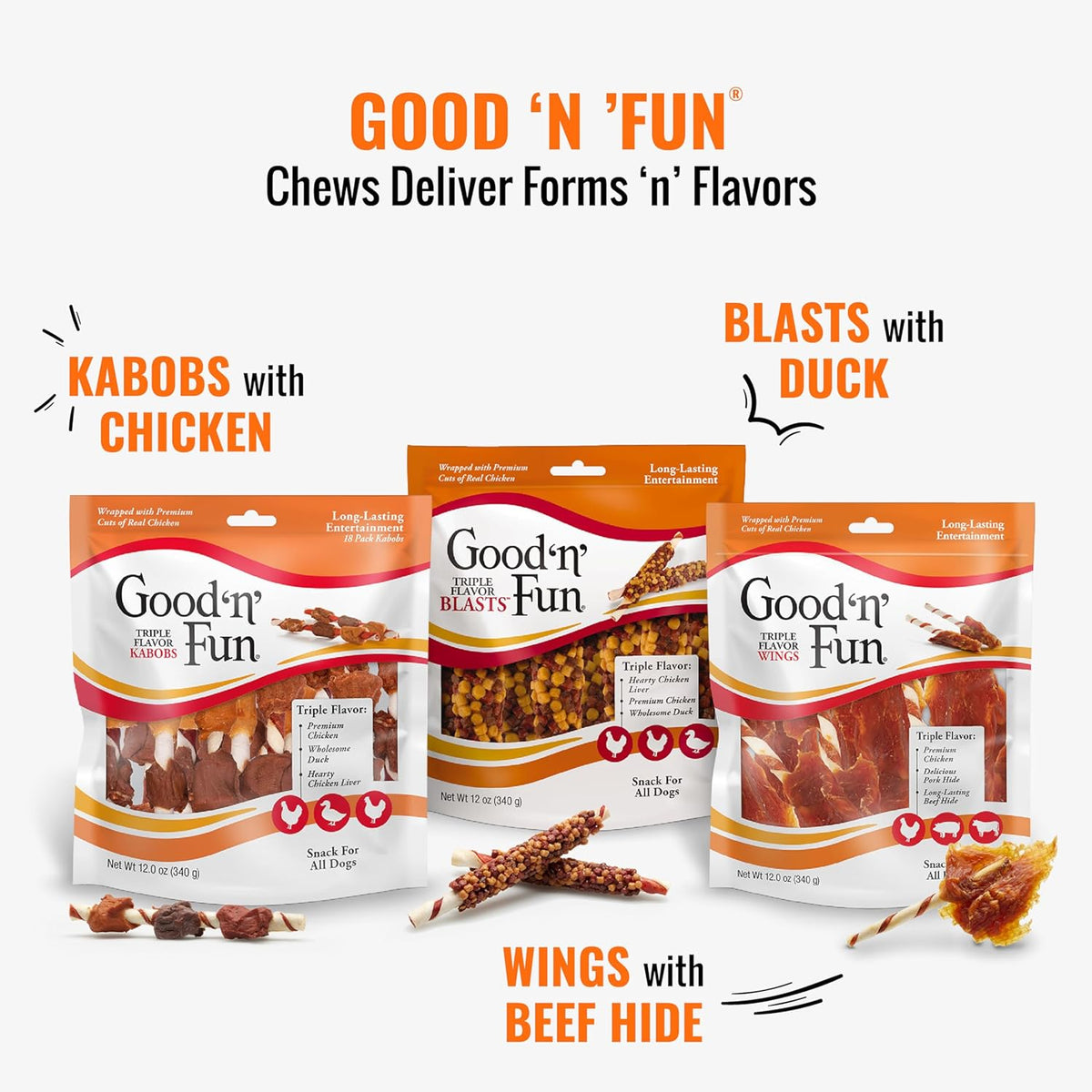 Good ??Fun Triple Flavor Wings Chews for All Dogs, 12 Ounces, Treat Your Dog to Long-Lasting Chews Made from Chicken, Pork Hide and Beef Hide