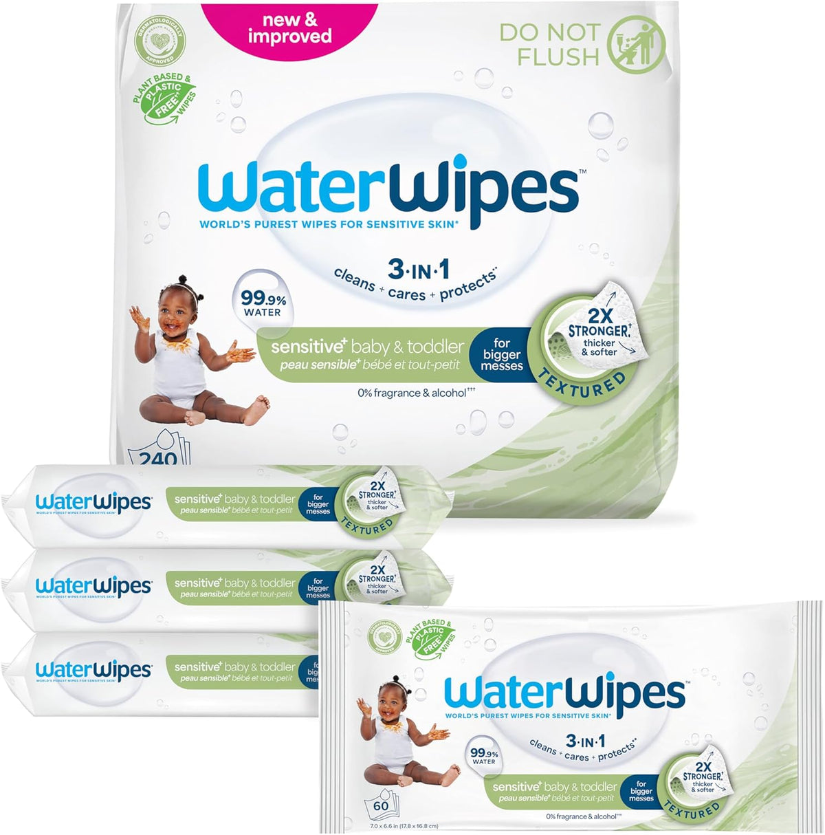 WaterWipes Sensitive+ Baby & Toddler Wipes, 3-In-1 Cleans, Cares, Protects, 99.9% Water, Textured Clean, Unscented & Hypoallergenic, 240 Count (4 Packs)