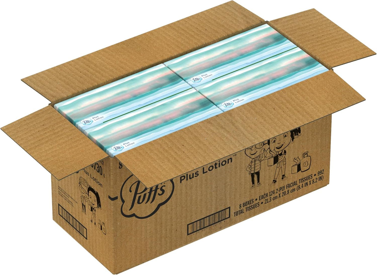 Puffs Plus Lotion Facial Tissues, 8 Family Boxes, 124 Facial Tissues per Box, Allergies and Colds