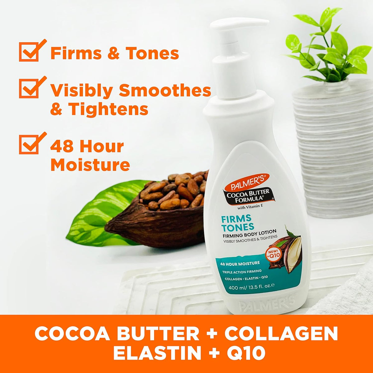 Palmer's Cocoa Butter Formula Skin Firming Body Lotion, Toning & Tightening Cream with Q10, Collagen & Elastin, Pump Bottle, 13.5 Oz.