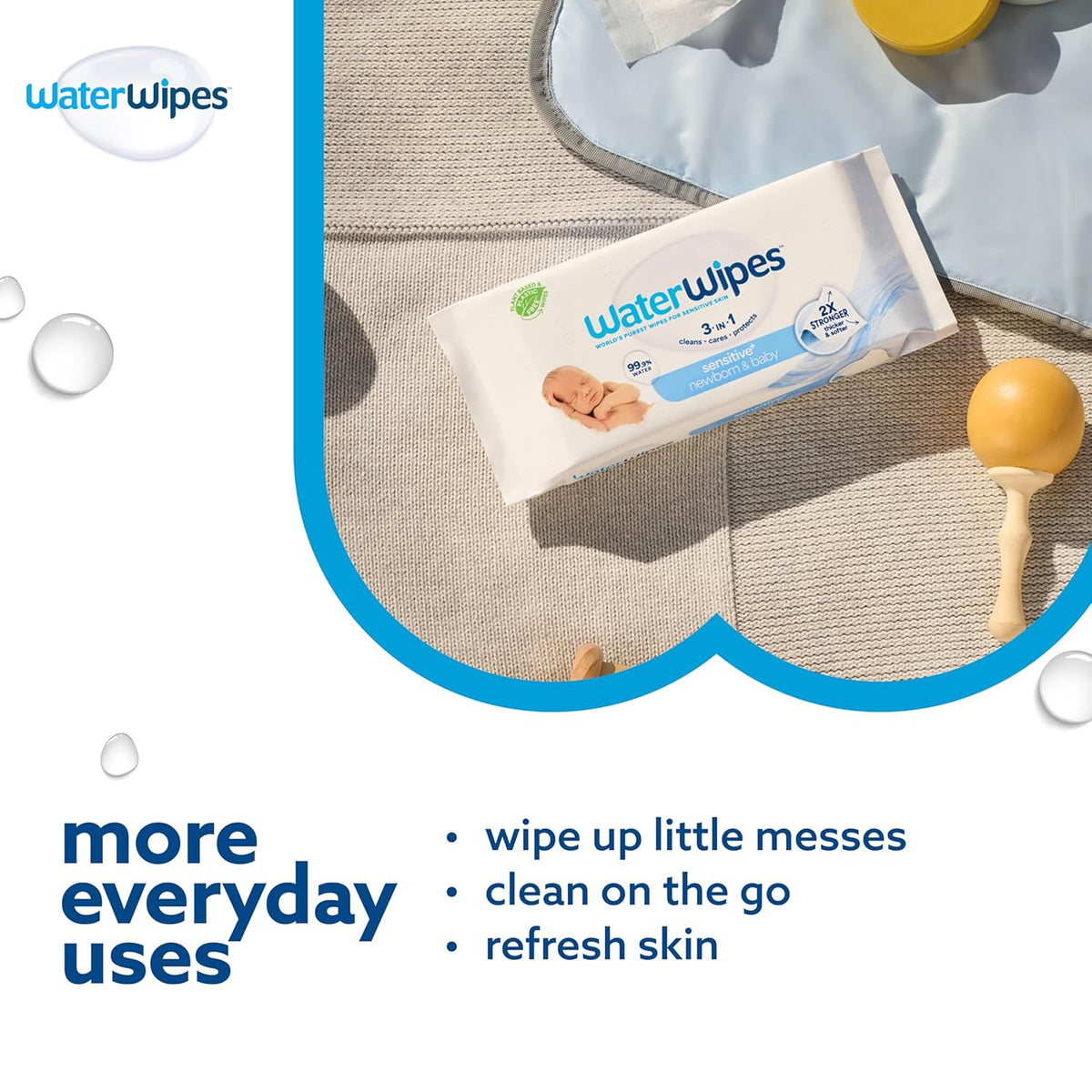 WaterWipes Sensitive+ Newborn & Baby Wipes, 3-In-1 Cleans, Cares, Protects, 99.9% Water, Unscented & Hypoallergenic, 720 Count (12 Packs)