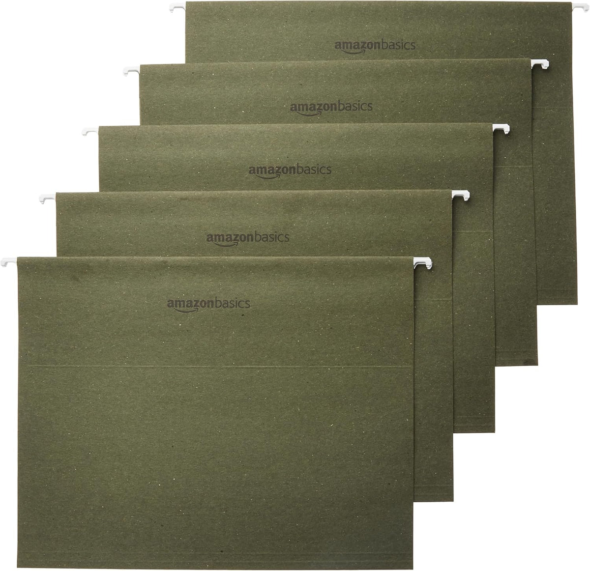 Amazon Basics Hanging Organizer File Folders for Efficient Filing, Sturdy, Adjustable Tabs, Letter Size, Pack of 25, Green