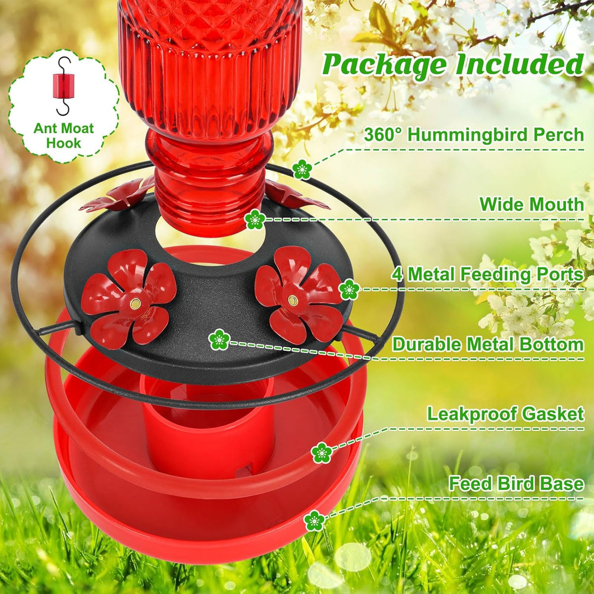 FEED GARDEN Glass Hummingbird Feeder, 16oz Outdoor Hanging Bird Feeder with Ant Moat, 4 Bee-Proof Feeding Ports, 360?Perch, Leak-Proof, Red