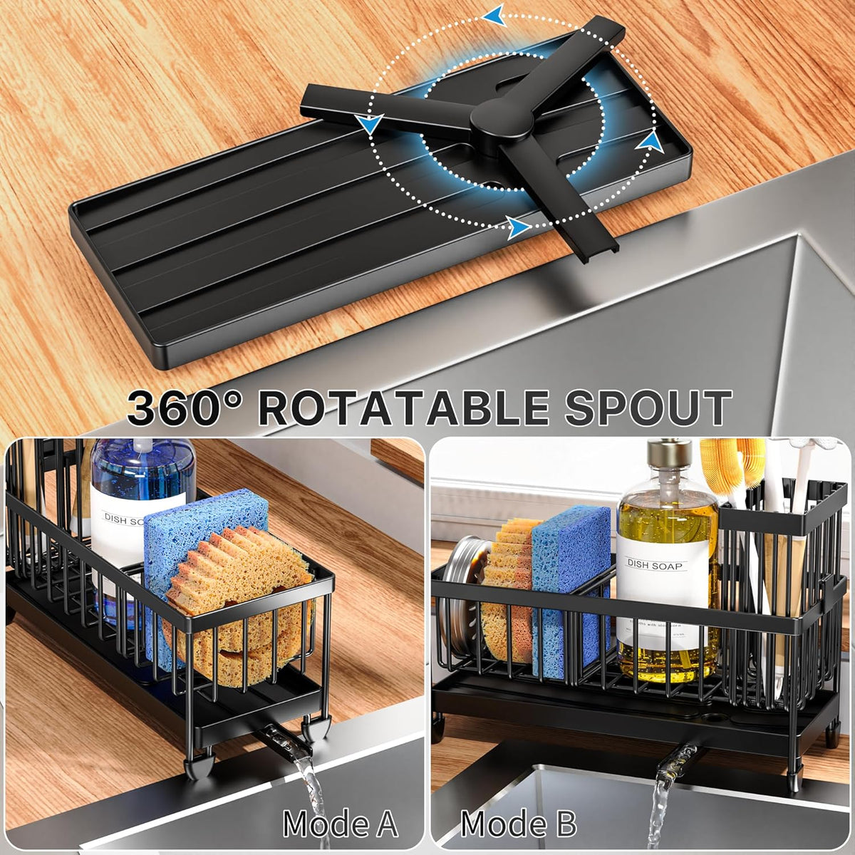 Cisily Sponge Holder for Kitchen Sink, Sink Caddy Organizer with High Brush Holder, Kitchen Countertop Organizers and Storage Essentials, Rustproof 304 Stainless Steel (Black, 9.25)"