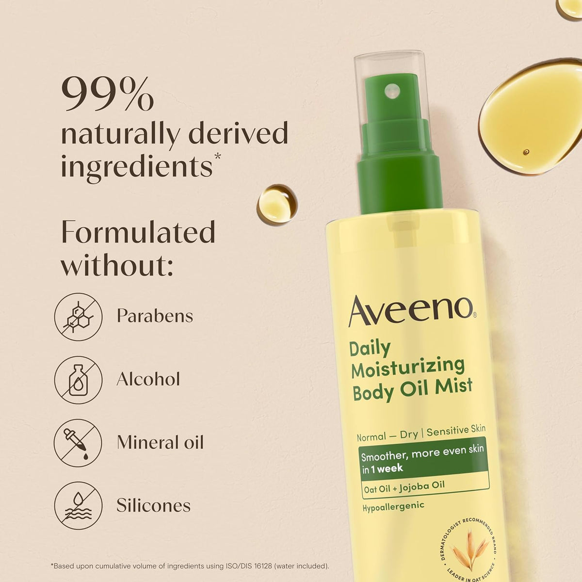 Aveeno Daily Moisturizing Dry Body Oil Mist with Oat & Jojoba Oil for Dry, Rough, Sensitive Skin, Lightweight, Non-Greasy, Body Spray, Paraben, Silicone & Phthalate-Free, 6.7 fl oz