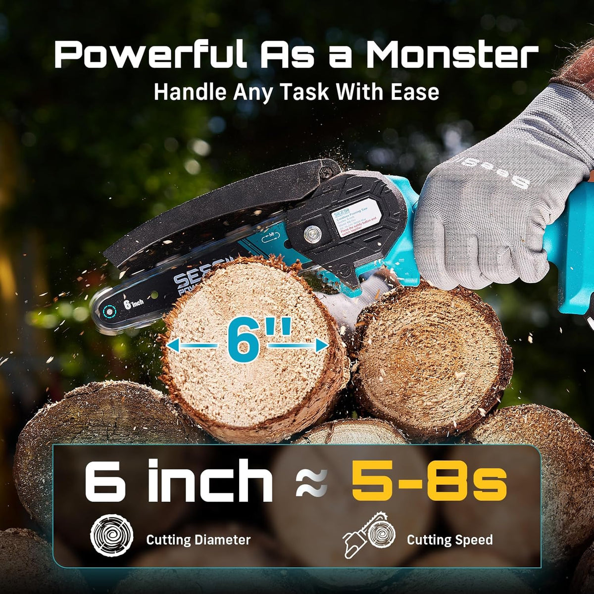 Seesii Mini Chainsaw, 6-inch Mini Chainsaw Cordless, Handheld Electric Power Chain Saw with 2 Batteries, for Tree Trimming Wood Cutting, Best Gifts for Father, Dad, Husband, Men