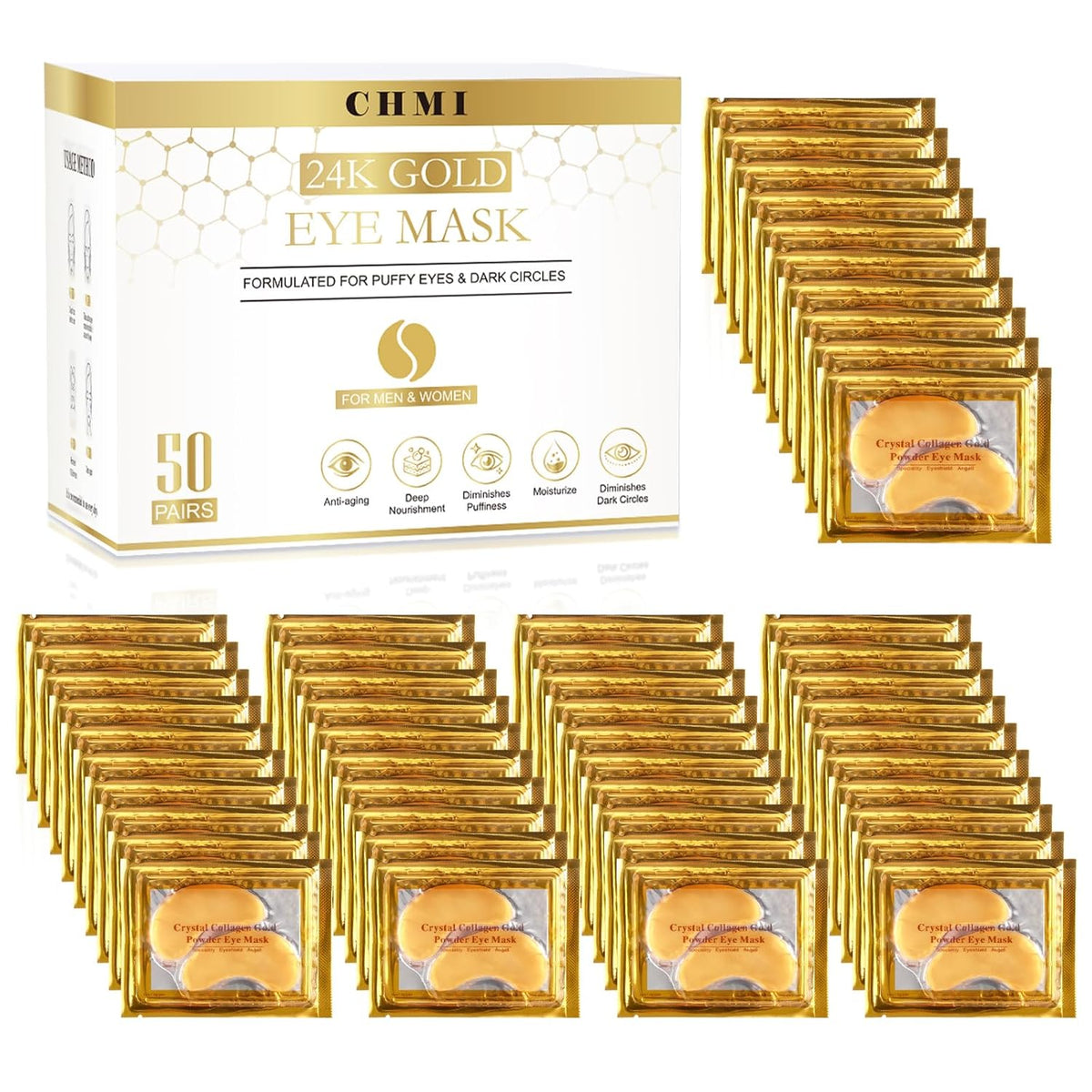 CHMI Under Eye Patches (50 Pairs) - 24K Gold Eye Patches for Puffy Eyes, Dark Circles, EyeBags and Wrinkles, Collagen Skin Care Products, Beauty & Personal Care