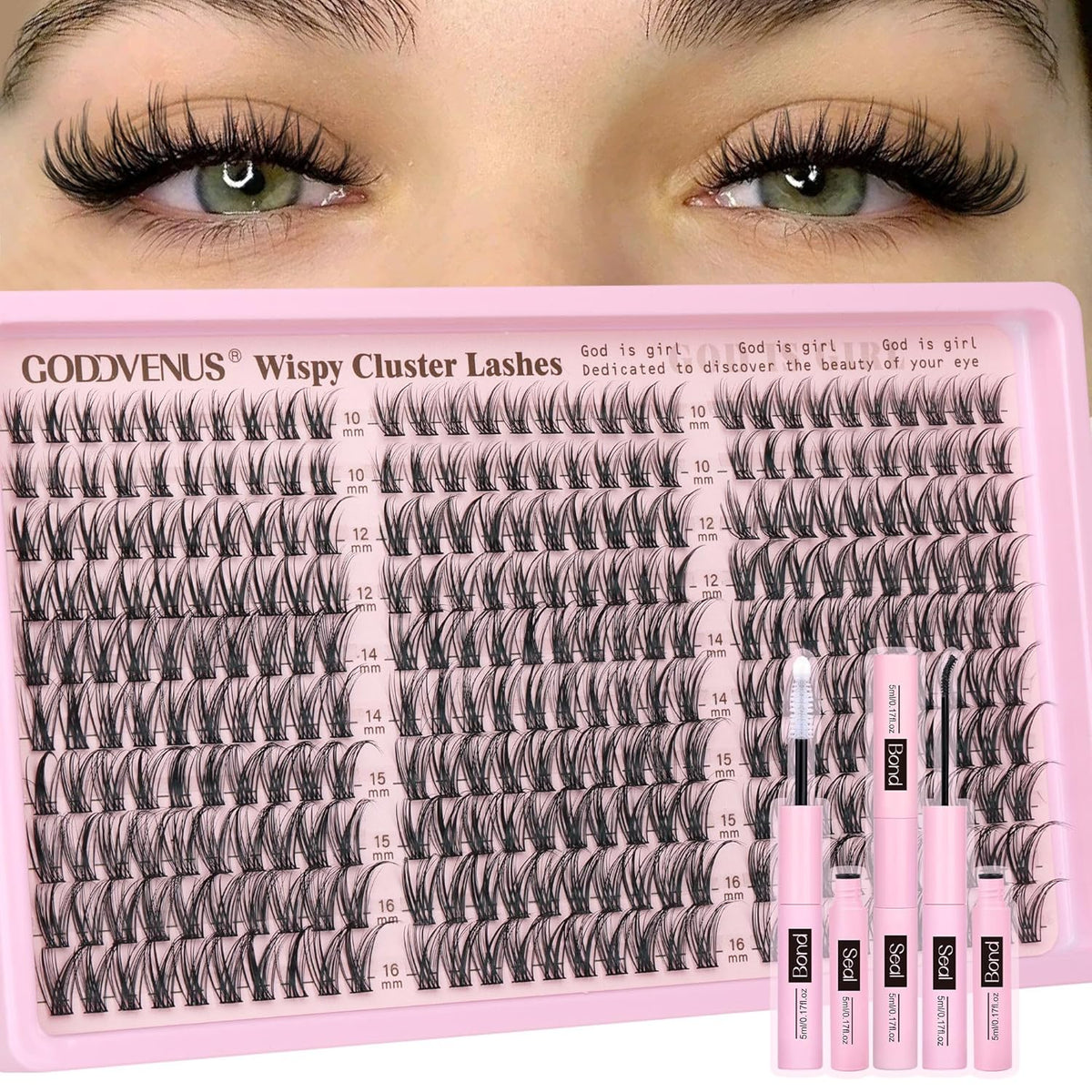 Goddvenus Lash Clusters Kit Wispy Eyelash Clusters Lashes Natural DIY Lash Extension Kit 10-16mm Cluster Eyelash Extensions Kit 300pcs C Curl Individual Lashes Cluster Eyelash (No Tweezers)