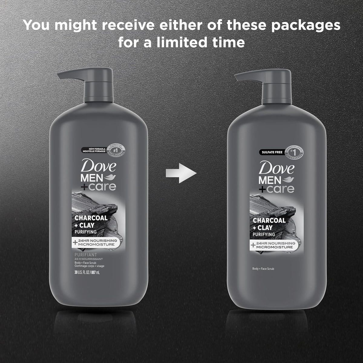 DOVE MEN + CARE Body and Face Scrub Charcoal + Clay Body Wash for Men with 24-Hour Nourishing Micromoisture Technology 30 oz