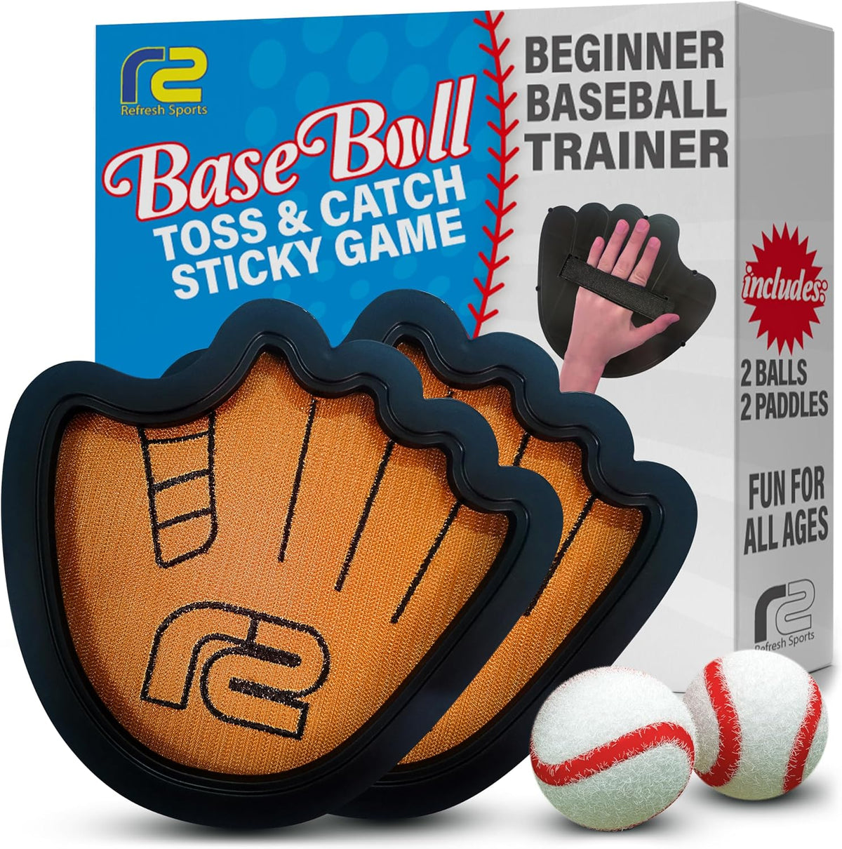 Toss and Catch Ball Game Set - Easy to Use Sticky Balls & Beginner Baseball Training Glove - Premium Toy Paddle Fits All Hand Sizes From Toddlers to Teens & Adults - Fun Gift Idea for Boys and Girls