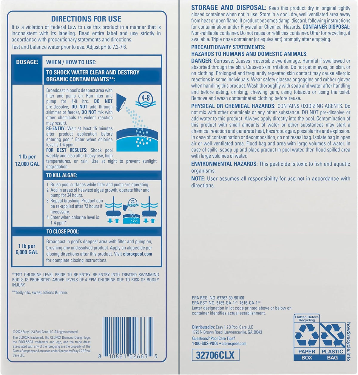 Clorox?Pool&Spa?Shock Clear, for Crystal Clear Swimming Pool Water, Swim-ready in 15 minutes, Suitable for vinyl pools (6-Pack)