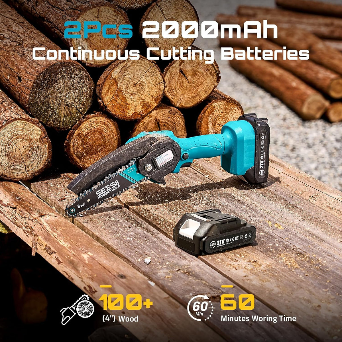 Seesii Mini Chainsaw, 6-inch Mini Chainsaw Cordless, Handheld Electric Power Chain Saw with 2 Batteries, for Tree Trimming Wood Cutting, Best Gifts for Father, Dad, Husband, Men