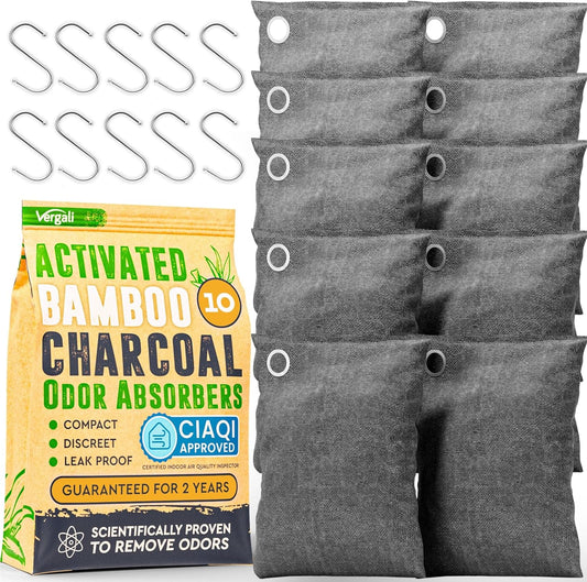 Activated Charcoal Odor Absorber for Strong Odors in Car, Closet, Shoe, Basement. 10 Activated Charcoal Bags Odor Absorbers for Home. Bamboo Charcoals Air Purifying Bag Charcoals Deodorizer Eliminator